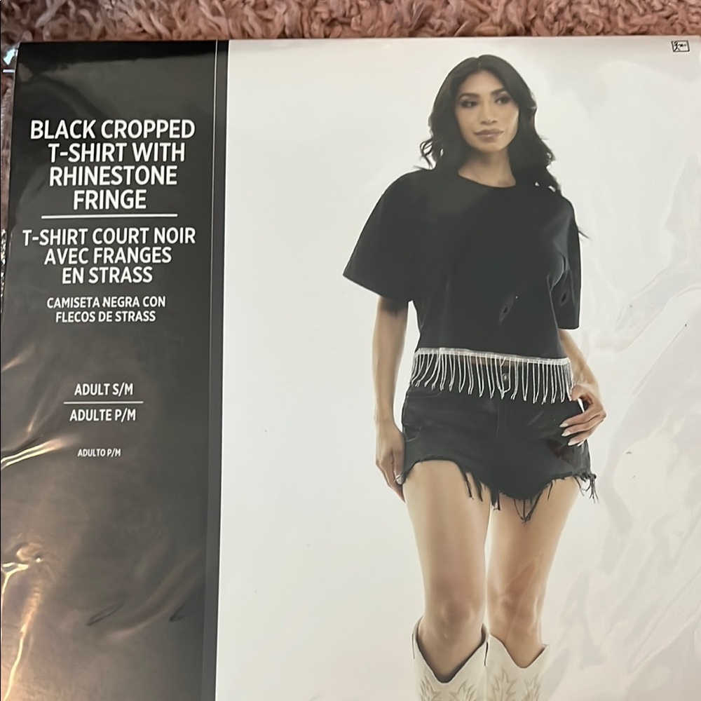 Black Cropped T-Shirt with Rhinestone Fringe